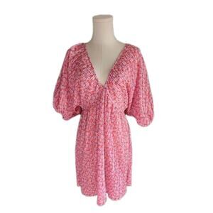 Zara Micro Pleat Plunge Babydoll Dress Floral Print Statement Puff Sleeves Med